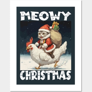 Meowy Christmas, Funny Cute Cat on a Chicken Posters and Art